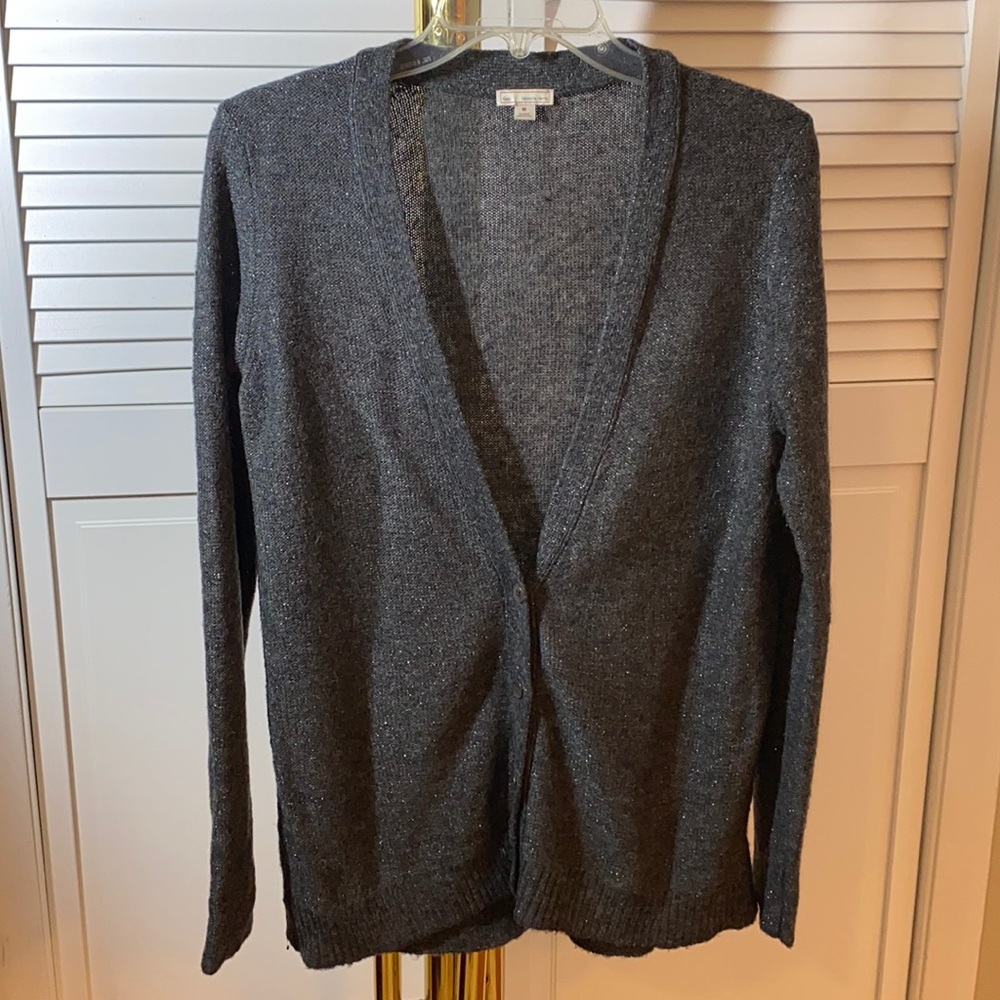 Grey and Metallic Blue Thread Cardigan Sweater